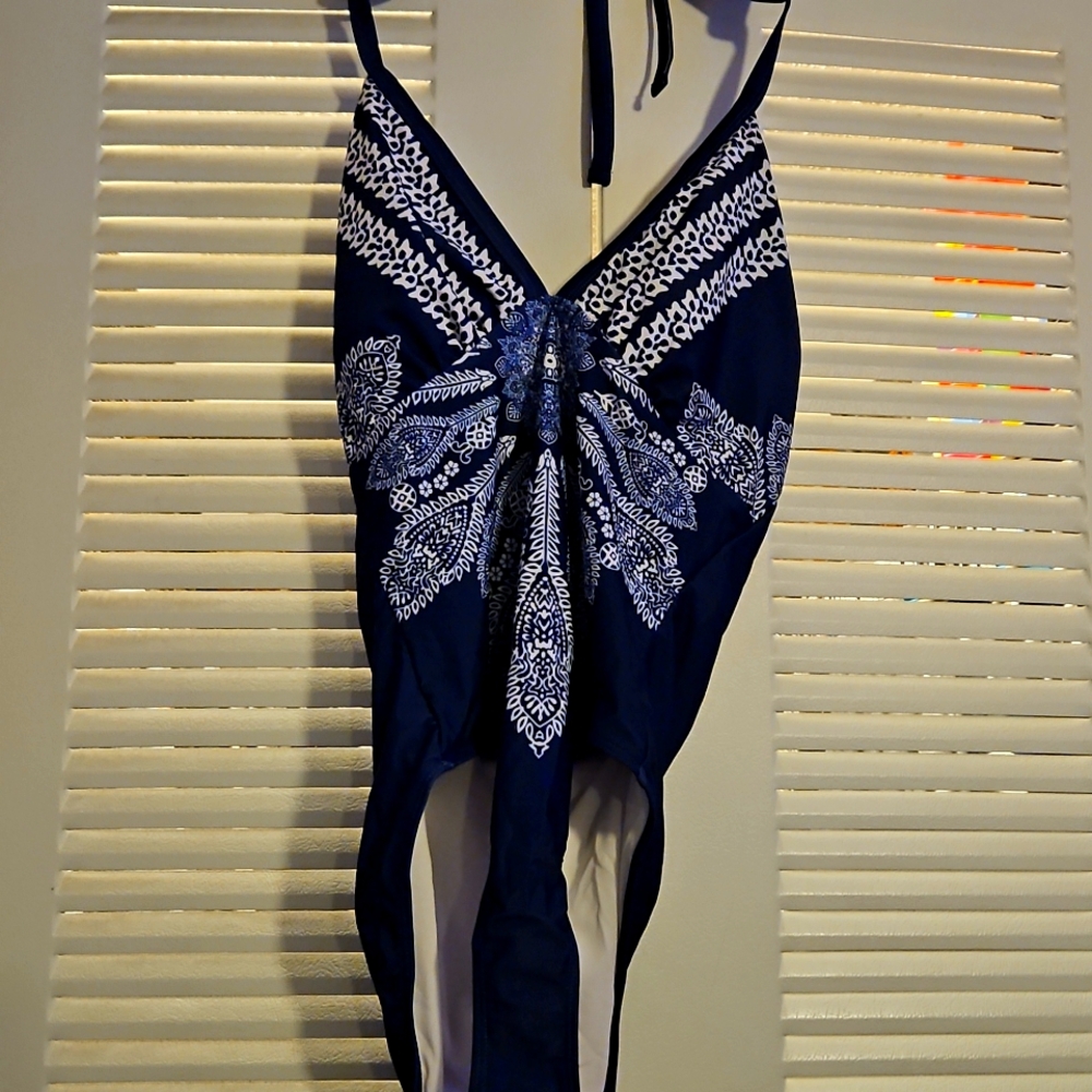 Blue and White Swimsuit  with Geometric Design